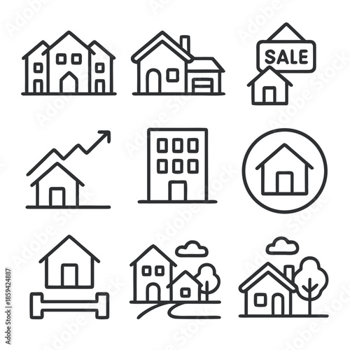 House vector icons for real estate concepts, suitable for property websites, brochures, and marketing materials needing simple graphic elements.