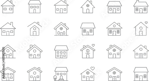 Outline Vector Icon Set Featuring Diverse Residential House Designs Suburban Homes Cottages and Neighborhood Real Estate Property Symbols