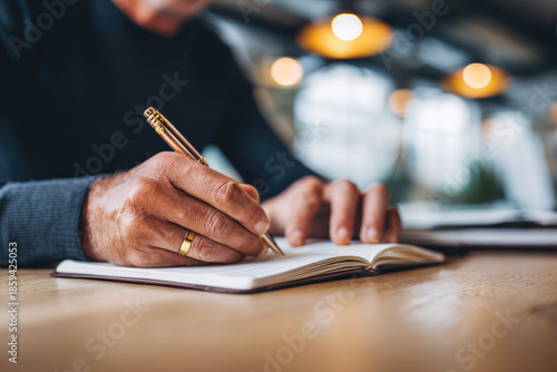 Minimalist home office reset scene with person writing in notebook on wooden desk, warm lighting creates calm and focused atmosphere for productivity and reflection