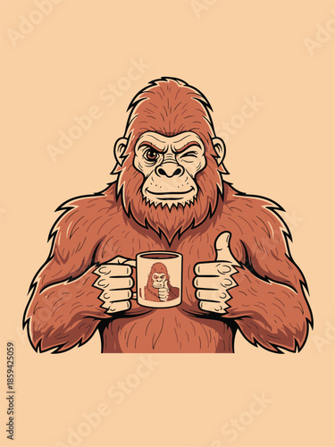 Bigfoot enjoying coffee, winking, giving thumbs up, holding mug, illustration, cartoon style.
