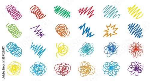 Collection of colorful messy hand drawn scribbles and doodles in various shapes and patterns on a white background.