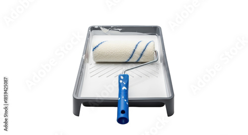 White paint roller with blue stripes in a grey paint tray filled with white paint on a black background