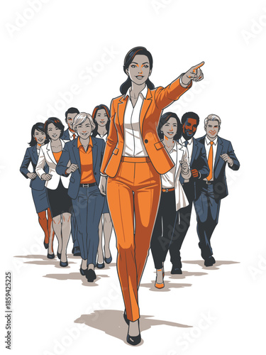 Confident businesswoman leading a team, pointing forward with determination and focus.