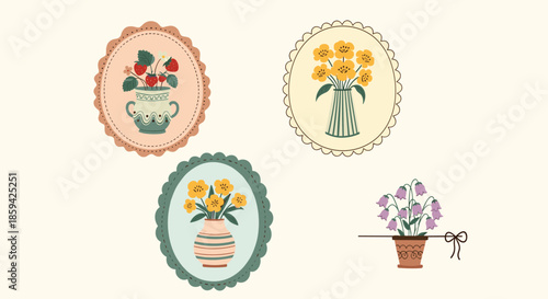 Set of four vintage style illustrations of flowers and strawberries in decorative vases and pots on a beige background.