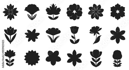 Set of eighteen black silhouette flower icons in various styles and shapes isolated on a white background.