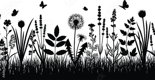 Meadow grass and flower silhouette border with flying butterflies, summer nature field, black botanical plant, cad drawing flat vector illustration