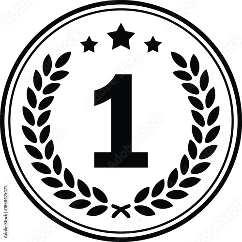 A first place award badge featuring a laurel wreath and a prominent number one