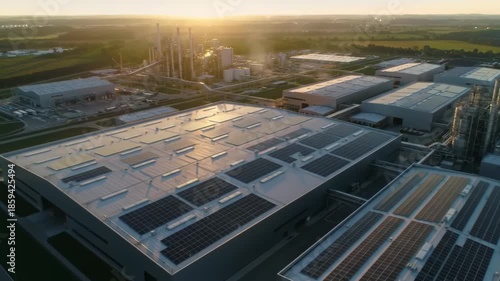 Aerial View of Modern Industrial Complex with Solar Panels at Sunset.