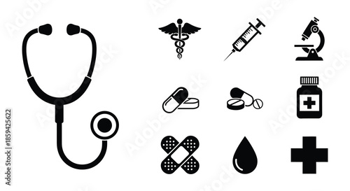 Medical icons depicting healthcare tools medicine and symbols of treatment