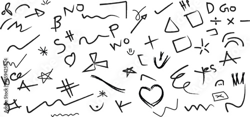 A collection of hand drawn doodles and symbols on a white background