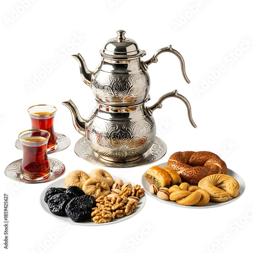 Traditional turkish double teapot aydanlk with turkish tea glasses and assortment of pastries and nuts on transparent background