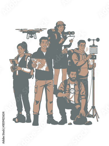 Diverse group of professionals with advanced technology equipment.