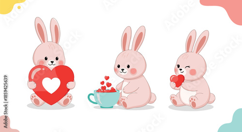 Set of three cute pink bunnies with red hearts and a cup for valentines day or romantic greeting cards.