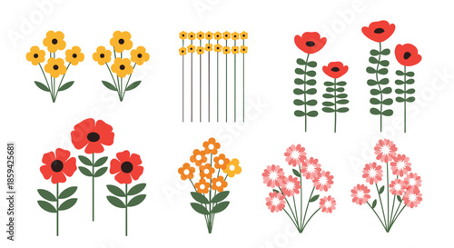 Selection of colorful flat design flower icons in yellow red and pink colors with green leaves on white background for web design.