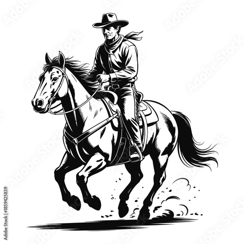 Dynamic illustration of a cowboy confidently riding a galloping horse through the wild west