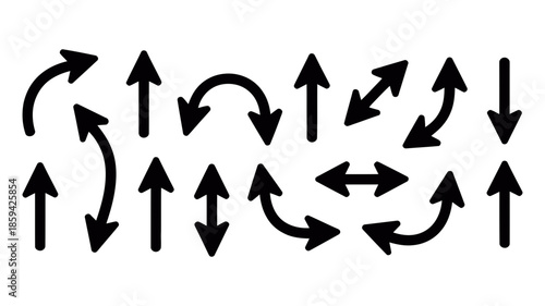 A diverse collection of black arrow icons illustrating various directions and movements
