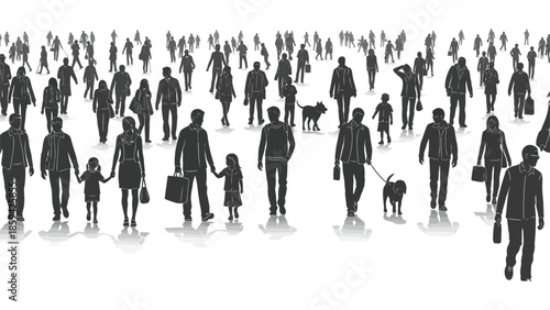 People in the city – silhouettes of an anonymous crowd, group of people, future city life, vision of community, gathering, demonstration, abstract, isolated, vector