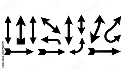 A diverse collection of black arrow icons pointing in various directions and styles