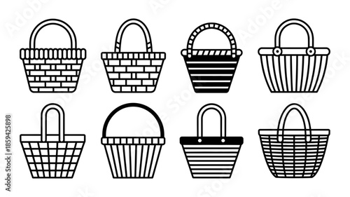 Collection of various black and white line art basket icons with diverse patterns