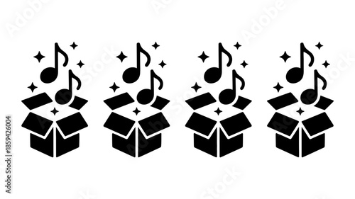 Musical notes bursting from open surprise boxes, representing sound and entertainment