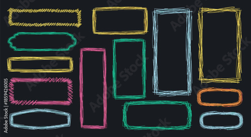 Set of colorful rectangle and oval frames with a messy crayon like scribble texture on a dark background.