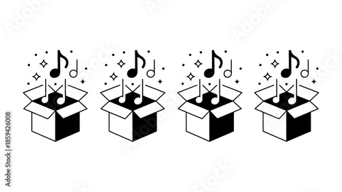 A delightful row of open boxes releasing enchanting musical notes and shimmering sparkles