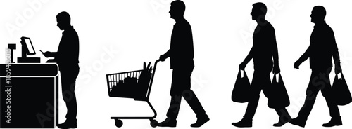 Supermarket shopping people silhouette set, cashier checkout counter, customer pushing grocery cart, walking with bags, retail store, cad drawing flat vector illustration