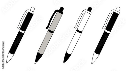 A collection of four simple ballpoint pens displayed in various colors and styles