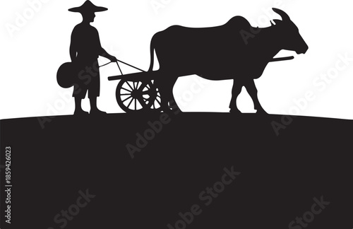 Traditional farmer guiding a bullock cart, depicting rural life and agricultural heritage