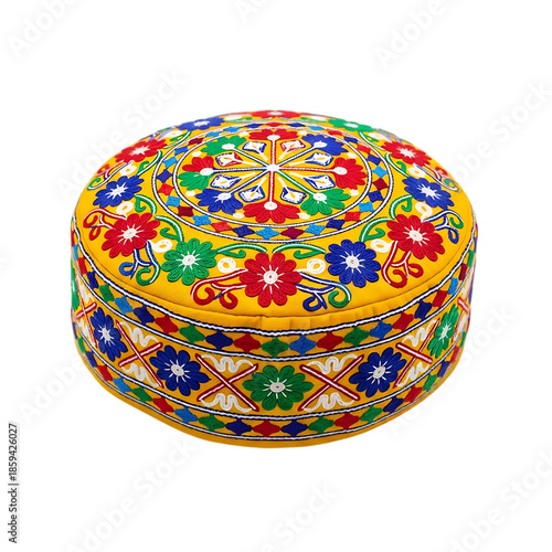 Traditional colorful embroidered sindhi cap or topi from pakistan, handmade cultural headwear isolated on transparent background