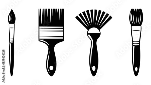 A set of black and white illustration of various paint brushes for artistic creation and diy projects