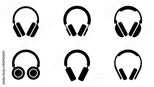 Collection of diverse black headphone icons representing various audio device designs
