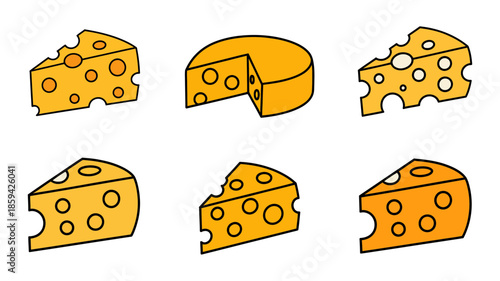 An assortment of cartoonish yellow cheese pieces, including slices and a wheel, featuring distinct holes