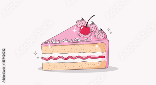 Slice of pink layered cake topped with whipped cream swirls and a single red cherry isolated on a pink background.