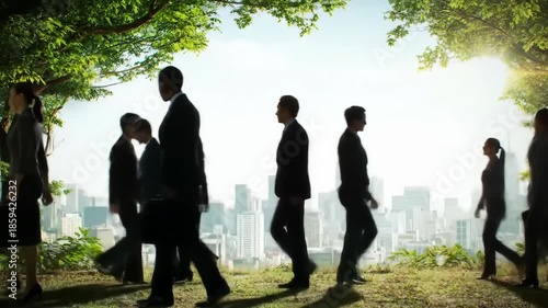 Diverse group of business professionals walking together in a park with city skyline background.