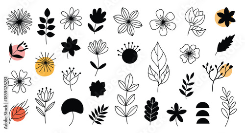 Large collection of hand drawn black floral elements including various flowers leaves and abstract shapes on white.