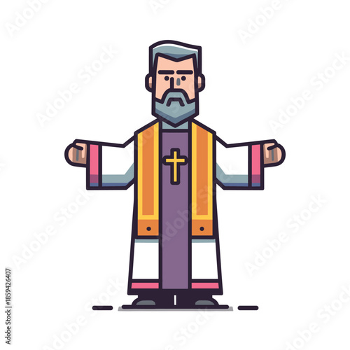 Cartoon priest character with grey hair and a beard stands with open arms in a welcoming gesture, wearing a purple cassock and a golden stole with a cross symbol