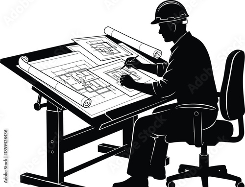 Architect engineer silhouette working on drafting table with blueprint, construction plan design, man in helmet, cad drawing flat vector illustration