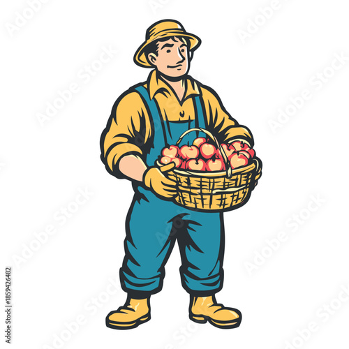 Friendly cartoon farmer in overalls holding a wicker basket full of freshly picked red apples, representing agriculture and organic harvesting in a retro mascot style illustration