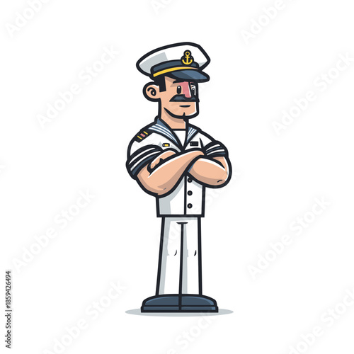Cartoon ship captain character with a mustache stands confidently with arms crossed, wearing a white naval uniform with an anchor on his hat in a vector mascot style