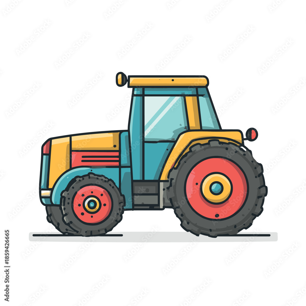 Obraz premium Colorful cartoon farm tractor illustration with a side profile view and thick outlines, showing a modern agricultural vehicle used for farming and fieldwork in a simple flat design style