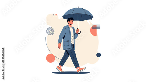 Stylish young man walking with umbrella in rain creating a charming urban scene