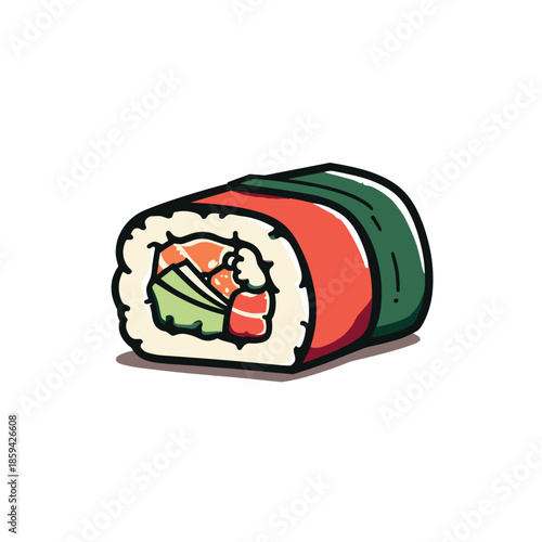 Single colorful sushi maki roll illustration with salmon, cucumber, and rice wrapped in nori seaweed, depicted in a simple, bold cartoon style with clean graphic lines