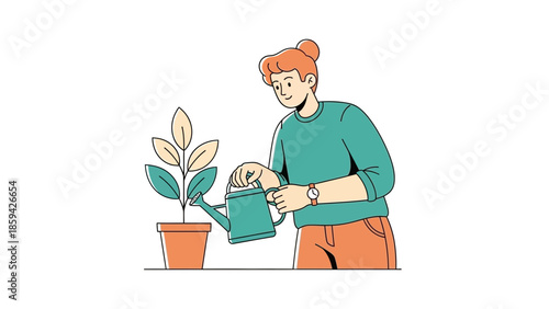 Young woman watering a potted plant with care and attention in a minimalistic illustration
