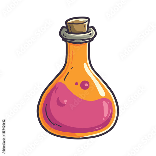 Cartoon style glass potion bottle with bubbling pink liquid and a cork stopper is a magical elixir for a fantasy game, drawn in a simple vector illustration style