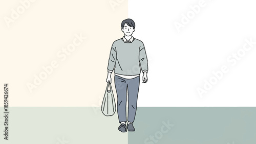 Illustration of a casual young man walking with a bag on a minimalistic background