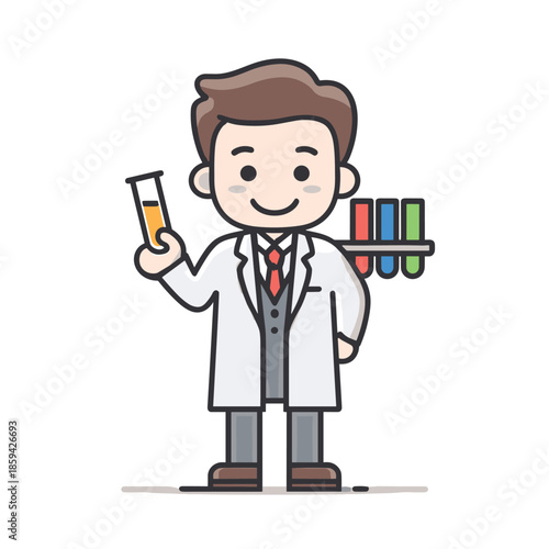 Cute cartoon scientist character in a white lab coat smiles while holding a yellow test tube and a rack with colorful chemical liquids for a laboratory experiment