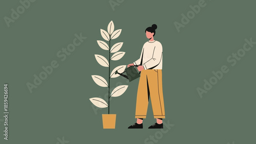 Minimalist Illustration of a Woman Watering a Houseplant with a Green Background
