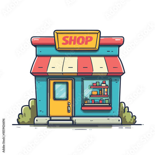 Colorful cartoon illustration of a small shop with a striped awning, a yellow door, and a large display window showing merchandise on shelves