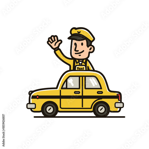 Friendly cartoon taxi driver in a yellow uniform and cap smiles and waves a greeting while emerging from the roof of his classic yellow taxi cab illustration